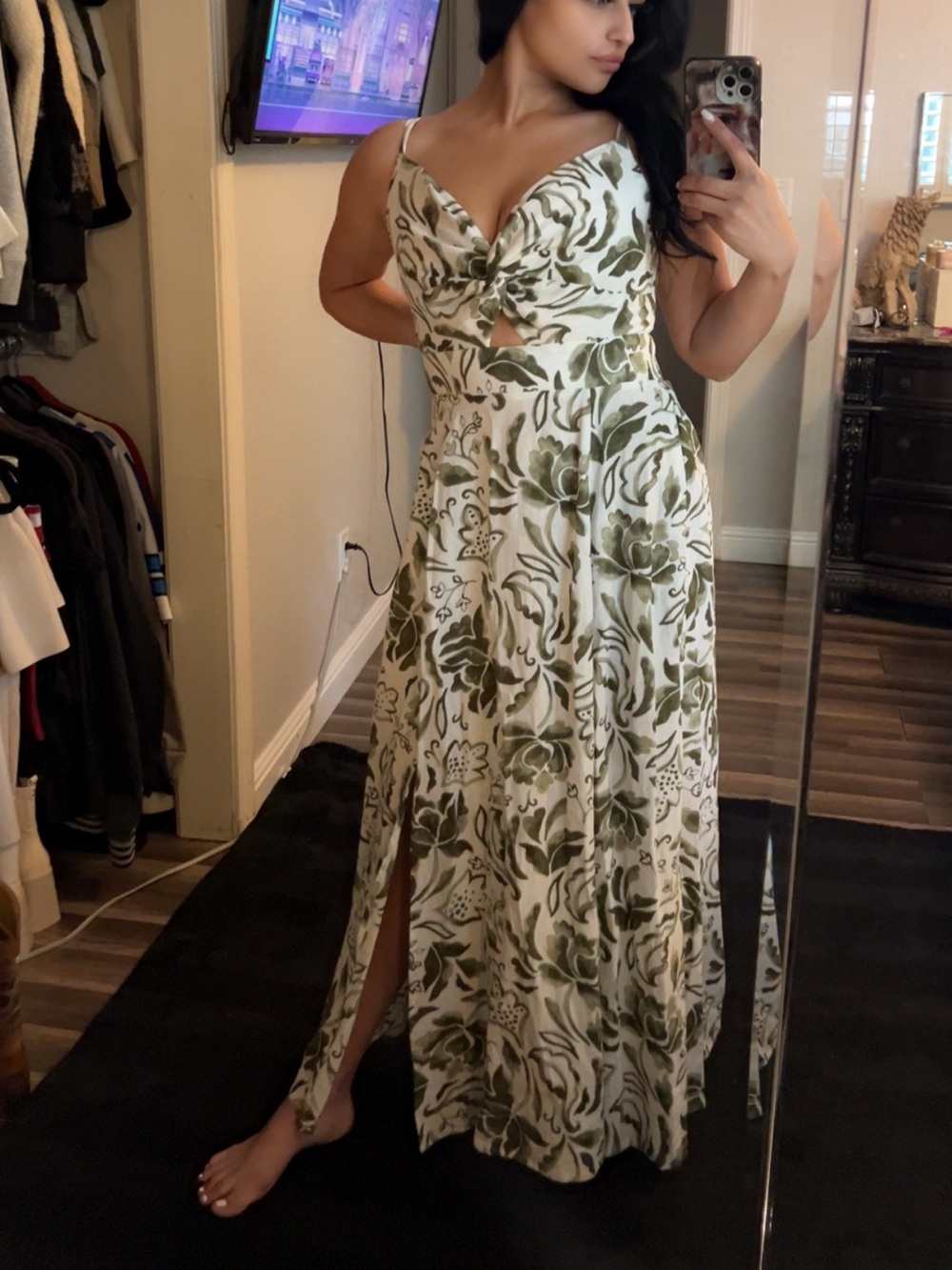 Olive Green Floral Cutout Maxi Dress